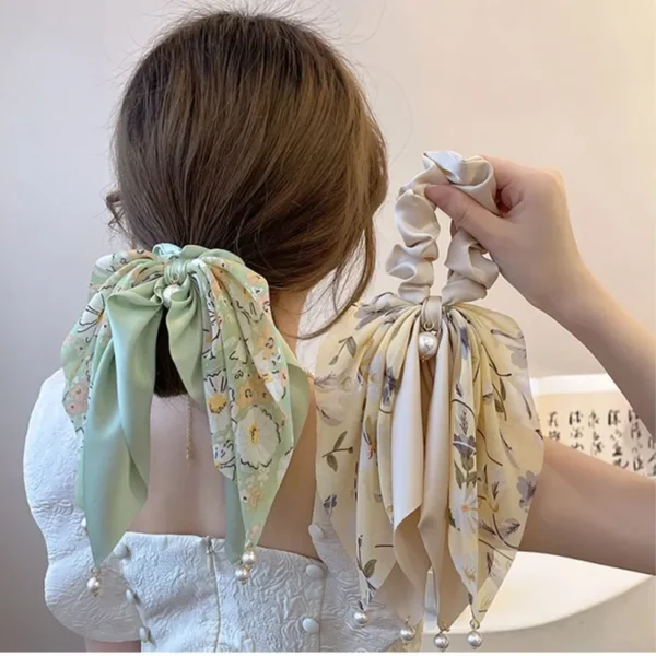 Korean Butterfly Knot Hair Scrunchies with Pearls & Floral Print