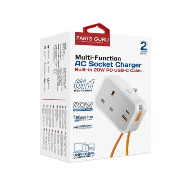 Multi-Function AC Socket Charger with Built-In 20W PD USB-C Cable - Image 2